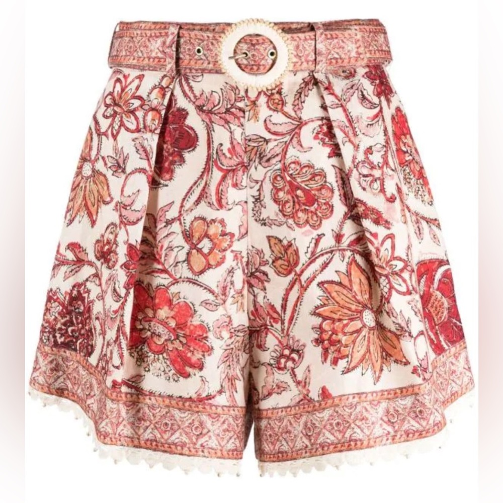 Zimmermann Vitali Floral Belted Scallop-Trim Shorts